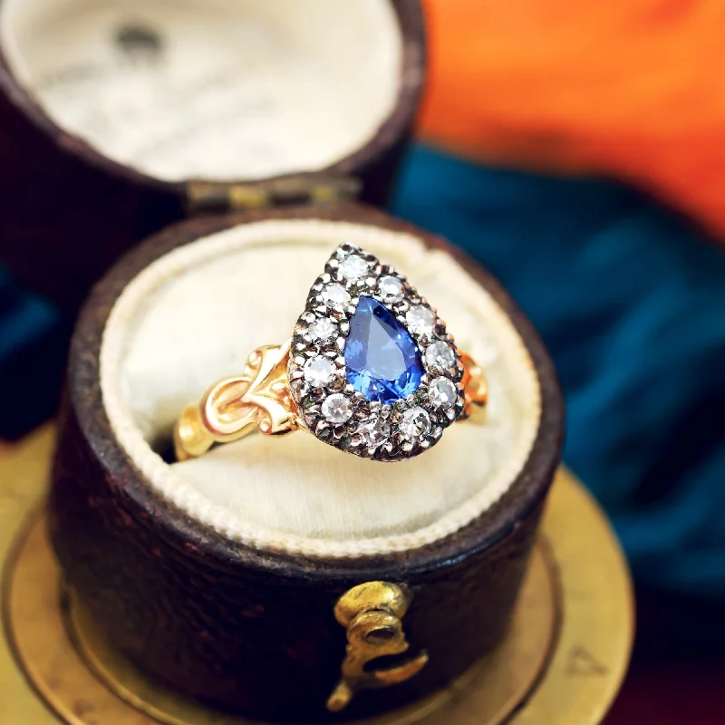 women’s colored stone engagement rings-Georgian Styled Pear cut Sapphire & Diamond Ring