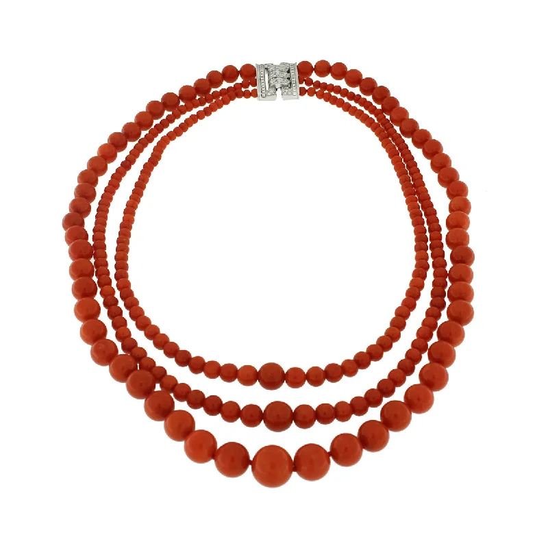 women’s pendant necklaces-Graduated 3 Strand Coral Bead and Diamond Necklace