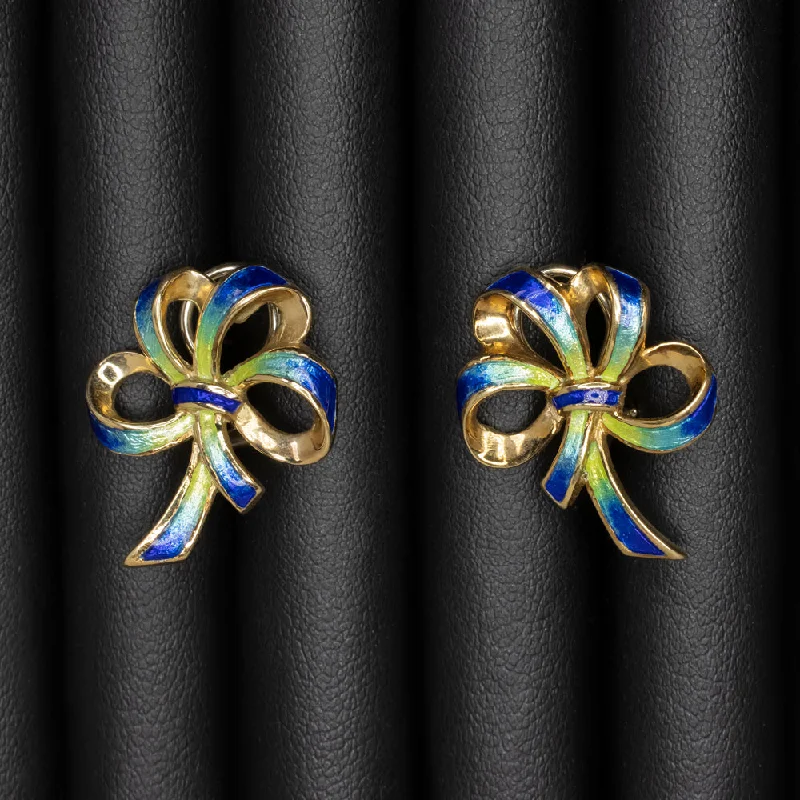 women’s dangle earrings-VINTAGE ENAMEL 14k YELLOW GOLD BOW STUD EARRINGS 12.7 GRAM RIBBON GREEN BLUE