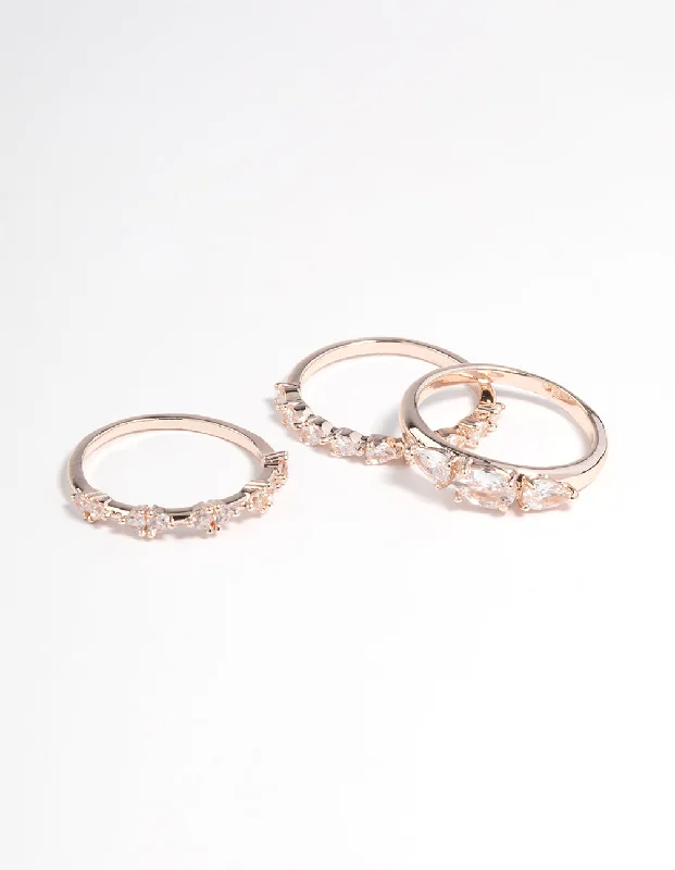 women’s contemporary rings-Rose Gold Plated Cubic Zirconia Pear Stacker Rings Pack