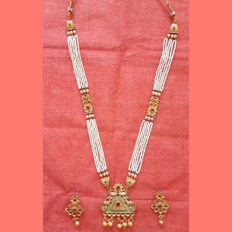 women’s romantic necklaces-Neetu Art Gold Plated Pota Stone And Pearl Long Necklace Set