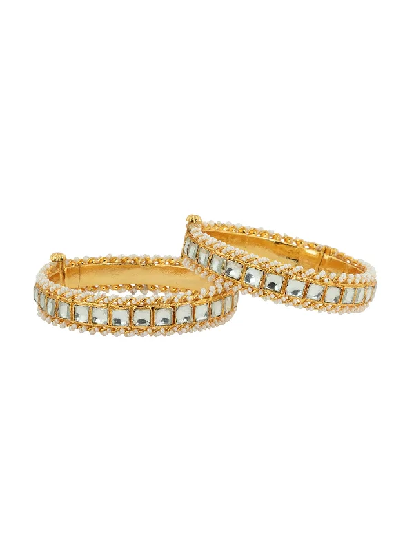 women’s gold bracelets-White Color Gold Plated Jadau Kundan Bangles - MB68