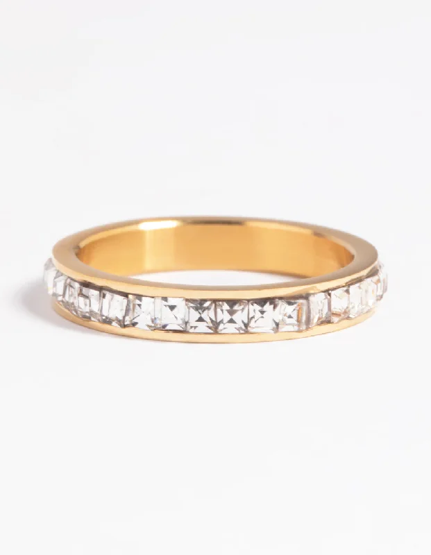 women’s cocktail rings-Waterproof Gold Plated Stainless Steel Cubic Zirconia Ring