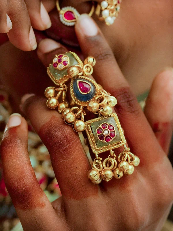 women’s ruby rings-Multicolor Gold Plated Jadau Kundan Ring - MRNG186M