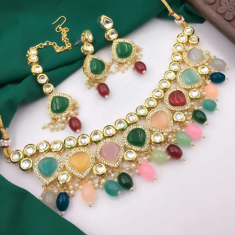 women’s sapphire pendant necklaces-5G Jewellery Gold Plated Kundan Stone And Beads  Necklace Set