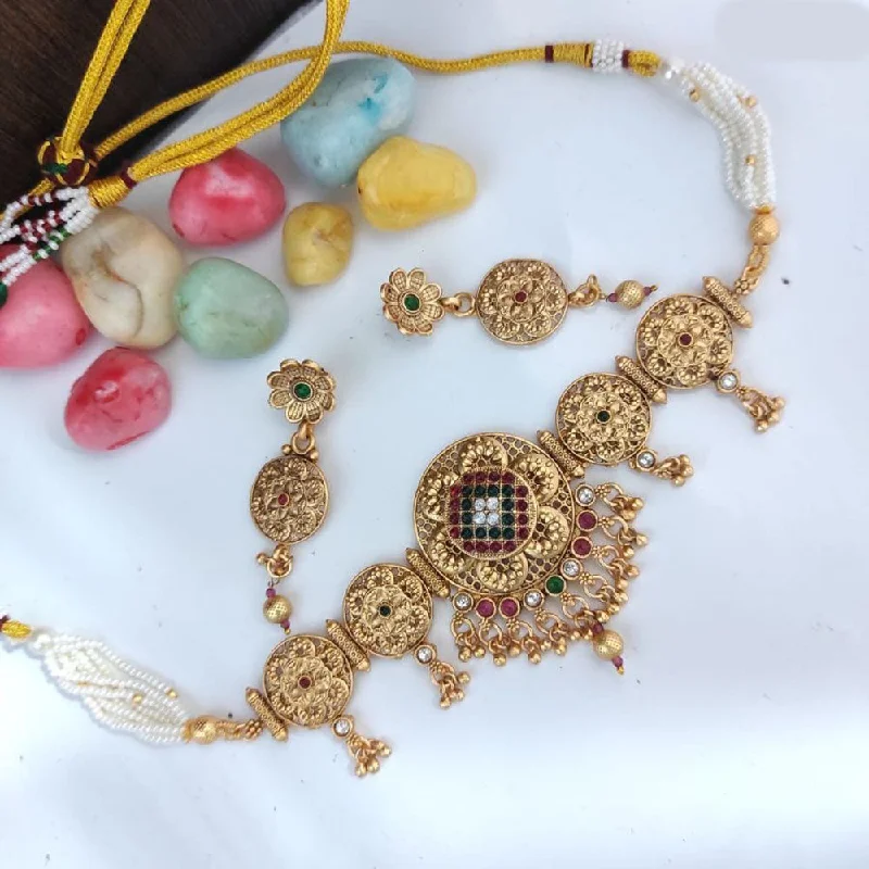 women’s pendant necklaces-Heera Jewellers Gold Plated Pota Stone And Pearls Choker Necklace Set