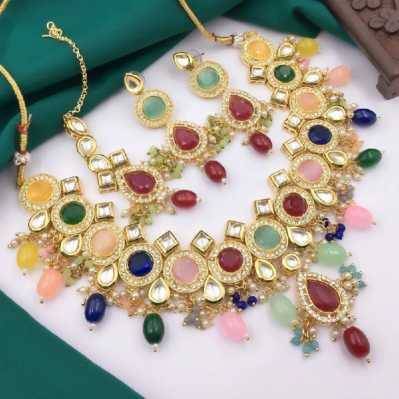 women’s oval pendant necklaces-5G Jewellery Gold Plated Kundan Stone And Beads  Necklace Set