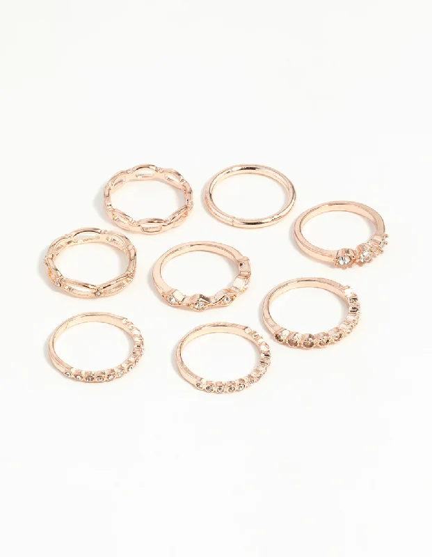 women’s black diamond rings-Rose Gold Diamante Row Mix Ring 8-Pack