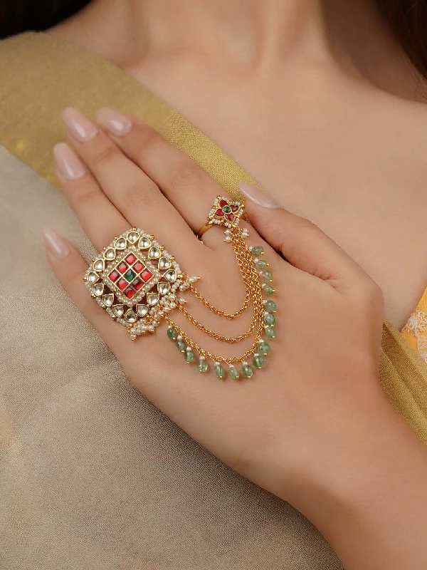 women’s stackable rings-Multicolor Gold Plated Jadau Kundan Ring - MRNG190M