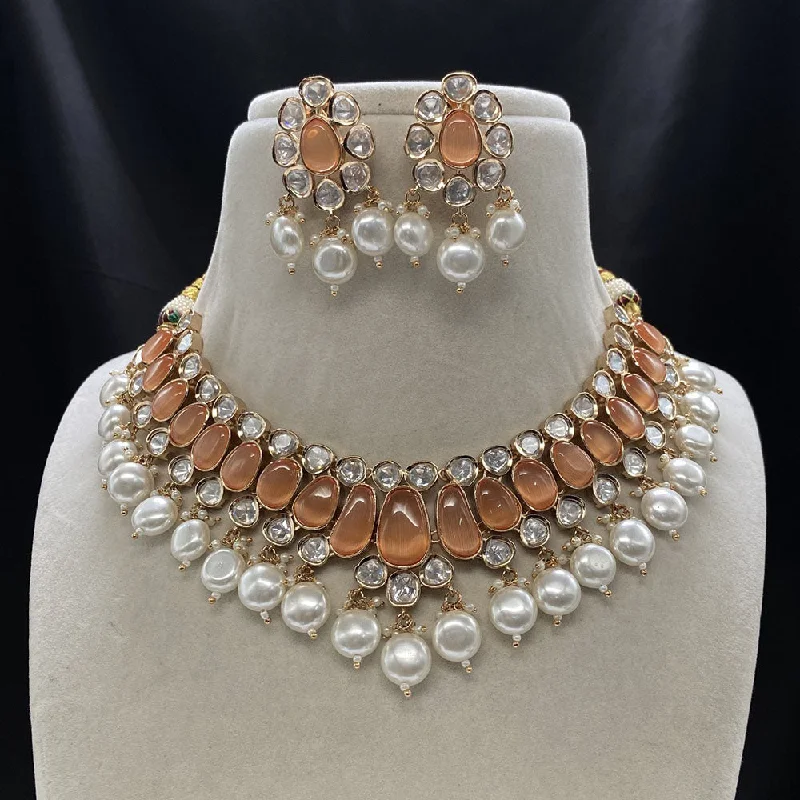 women’s designer necklaces-Royal Kundan Jewellery Gold Plated Polki Kundan And Pearls Necklace Set