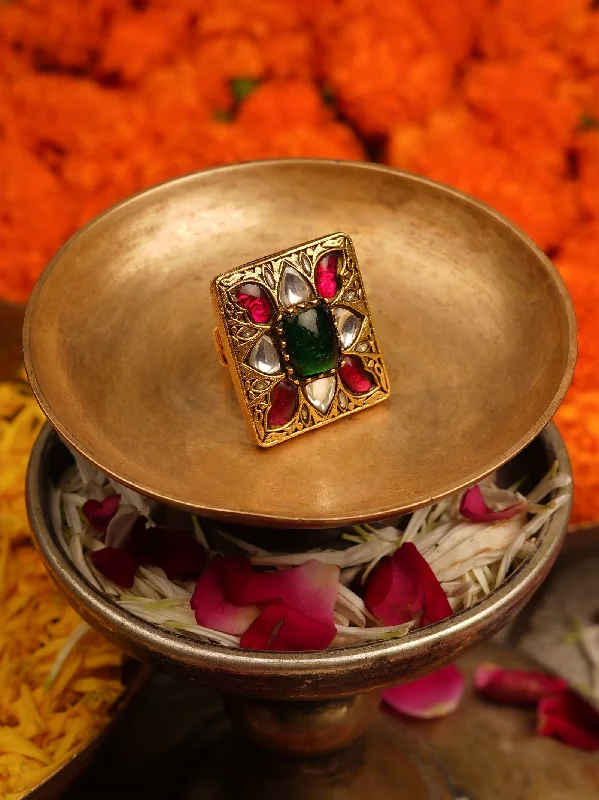 women’s birthstone rings-Multicolor Gold Plated Thappa Jadau Kundan Ring - TJ-R65M