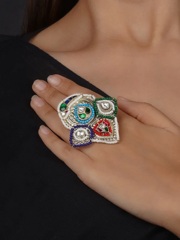 women’s black diamond rings-Multicolor Silver Plated Tribal Ring - EK-SFRNG156MB