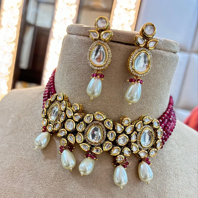 women’s infinity pendant necklaces-Jewel Addiction Copper Gold Plated Polki Kundan And Pearls Kundan Necklace Set