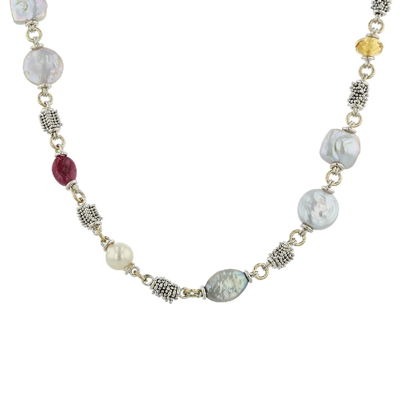 women’s emerald necklaces-Freshwater Pearl and Color Stone 16-Inch Necklace