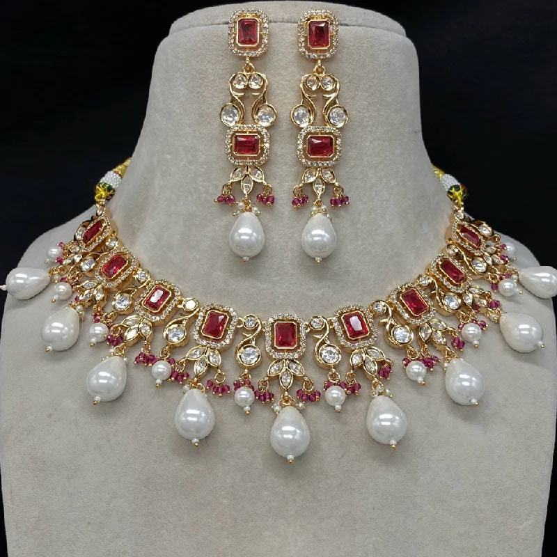 women’s adjustable necklaces-Royal Kundan Jewellery Gold Plated Polki Kundan And Pearls Necklace Set