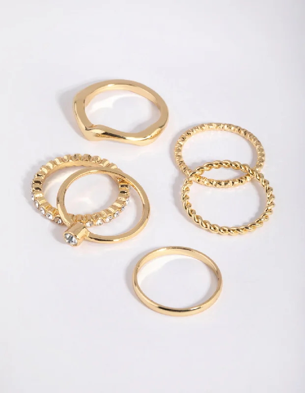 women’s unique rings-Gold Plated Molten Diamante Ring 6-Pack