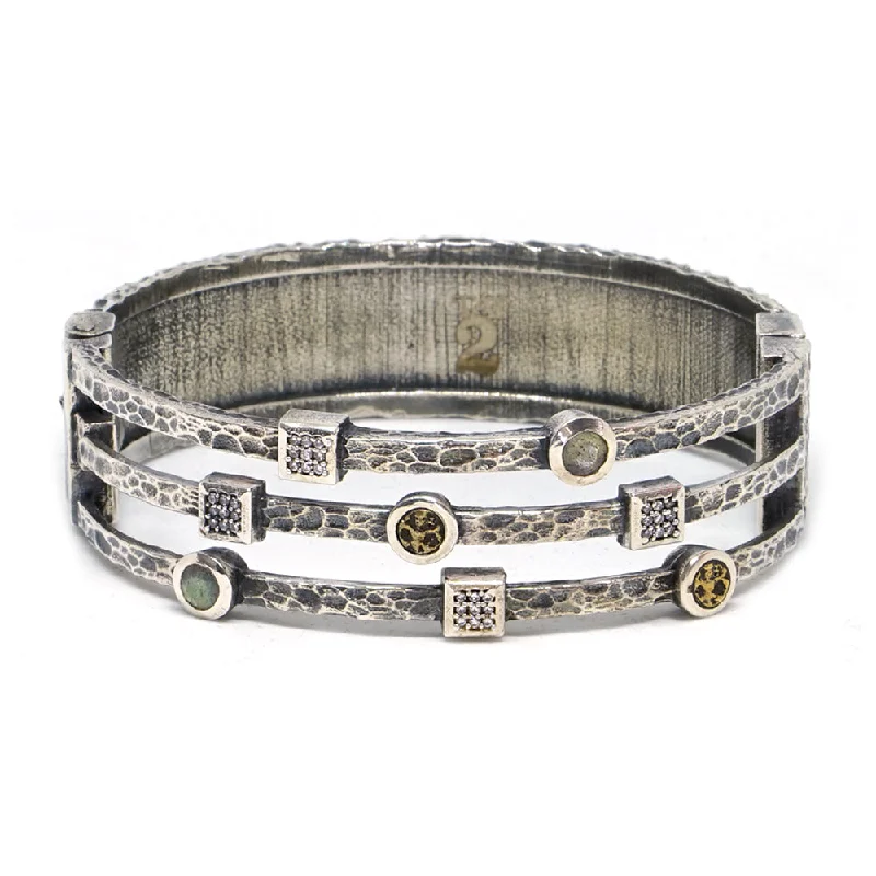 women’s multi-colored bracelets-VINTAGE SILVER DANUBE LABRADORITE & CRYSTAL 3 ROW BANGLE