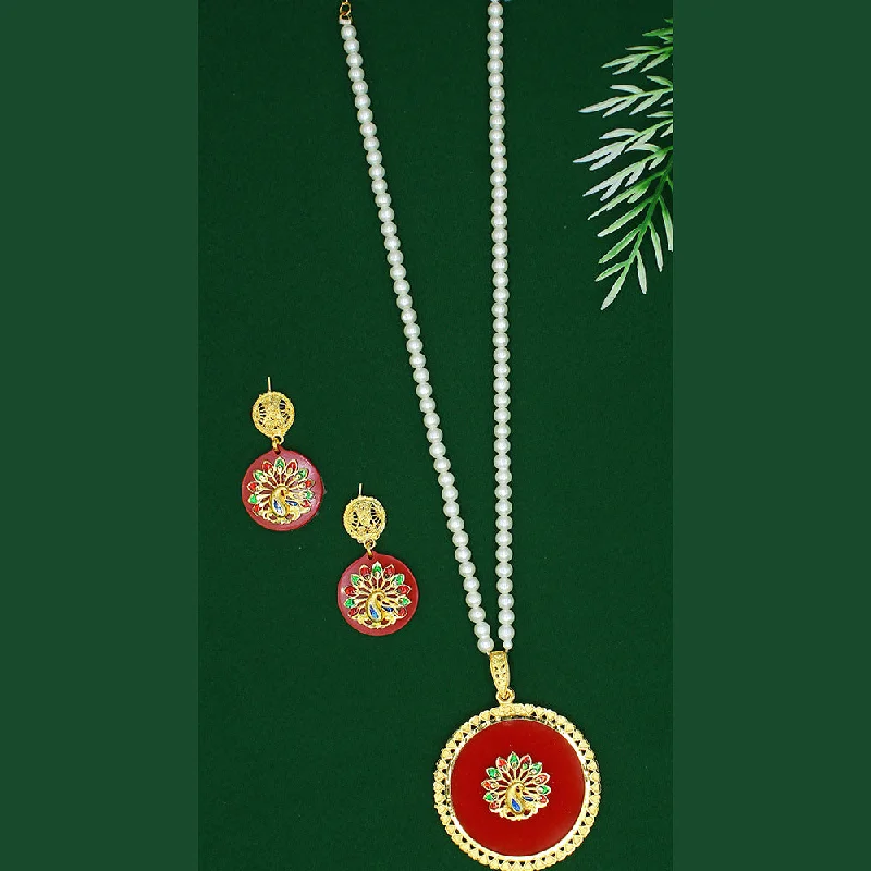 women’s wedding necklaces-Mahavir Dye Gold Plated Pearl Long Necklace Set