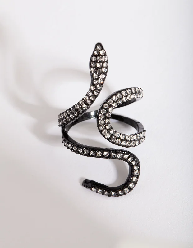 women’s sterling silver rings-Black Diamante Swirl Snake Ring