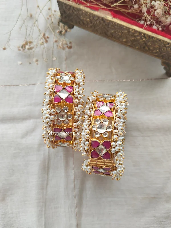 women’s birthstone bangles-Pink Color Gold Plated Jadau Kundan Bangles - MB137YP