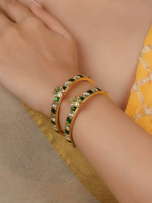 women’s gemstone bracelets-Green Color Gold Plated Jadau Kundan Bangles - MB187WGR