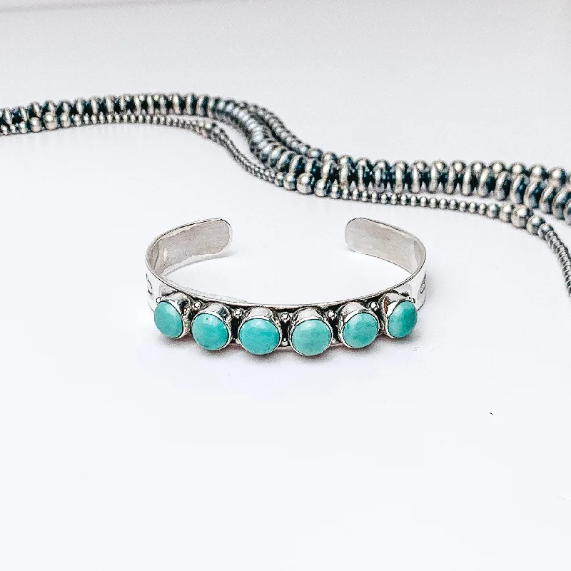 women’s gold bracelets-HaDa Collection | Detailed Sterling Silver Cuff with Six Green Kingman Turquoise Stones