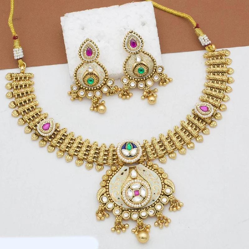 women’s gemstone necklaces-Kavita Art Gold Plated Kundan Stone And Meenakari Necklace Set