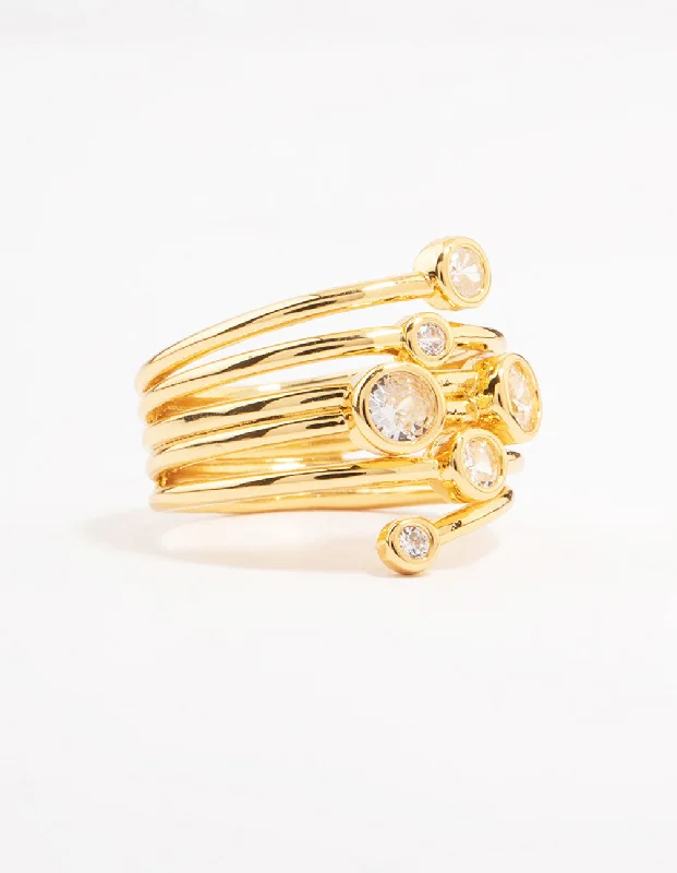 women’s fashion rings-Gold Plated Bezel Layered Coil Ring