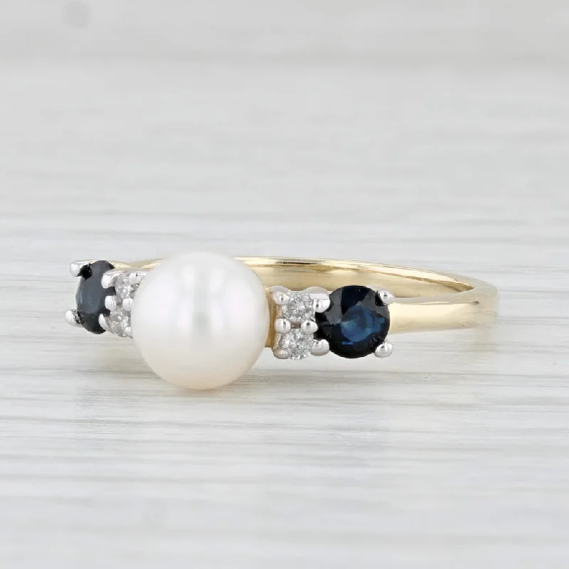 women’s vintage style engagement rings-Cultured Pearl Sapphire Diamond Ring 10k Yellow Gold Size 7