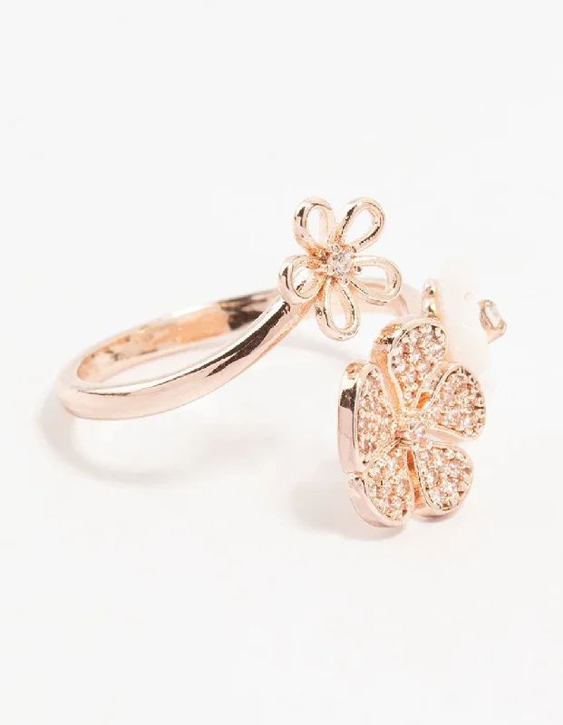 women’s round diamond rings-Rose Gold Floral Trio Cubic Zirconia Wrapped Ring