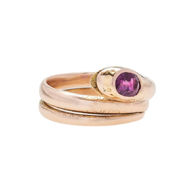 women’s romantic rings-Victorian 14kt Rose Gold + Ruby Snake Ring 0.85ctw