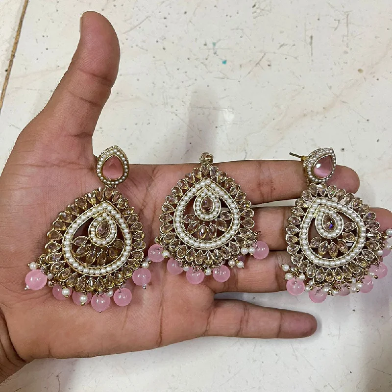 women’s fashion earrings-Shree Chamunda Jewellers Gold Plated Crystal Stone And Pearls Earrings With Maangtikka