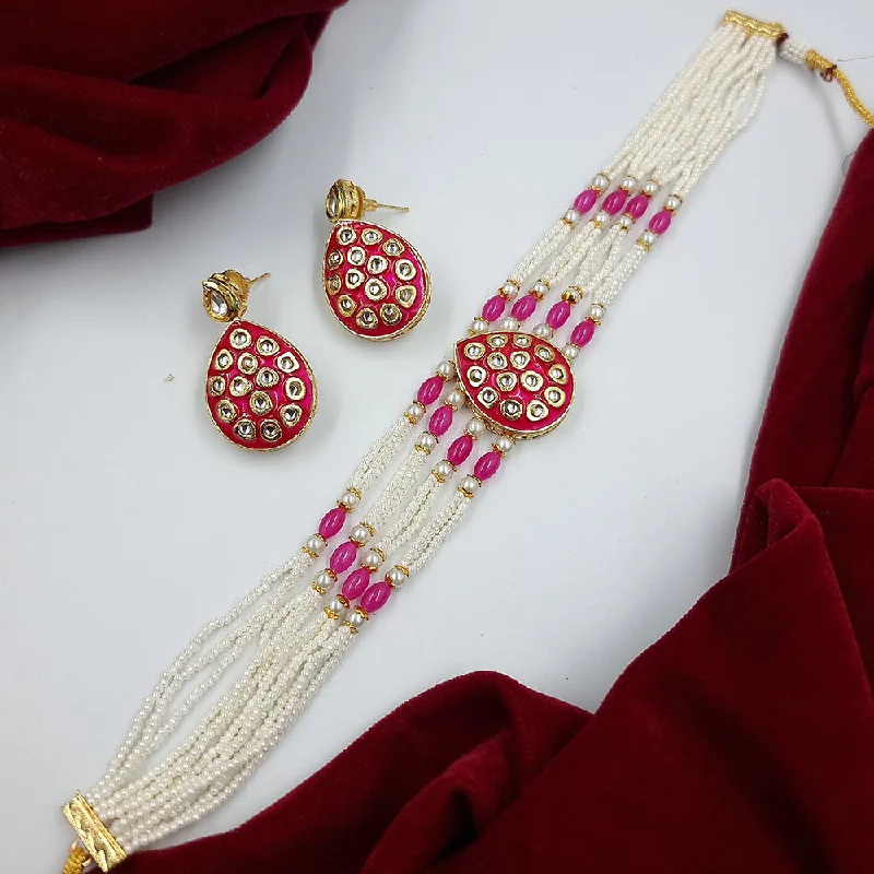 women’s rose gold necklaces-JCM Gold Plated Kundan Stone And Pearls Meenakari Choker Necklace Set