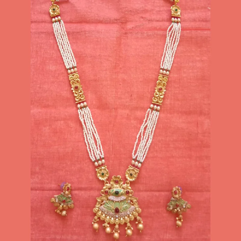 women’s statement pendant necklaces-Neetu Art Gold Plated Pota Stone And Pearl Long Necklace Set