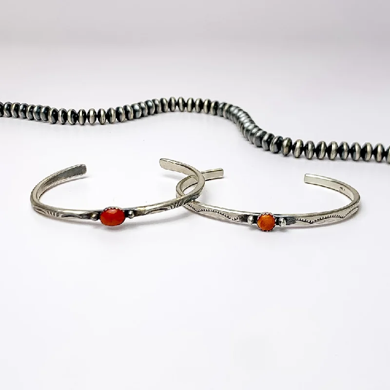 women’s simple bangles-Navajo | Navajo Handmade Detailed Sterling Silver Cuff with Center Red Coral Stone