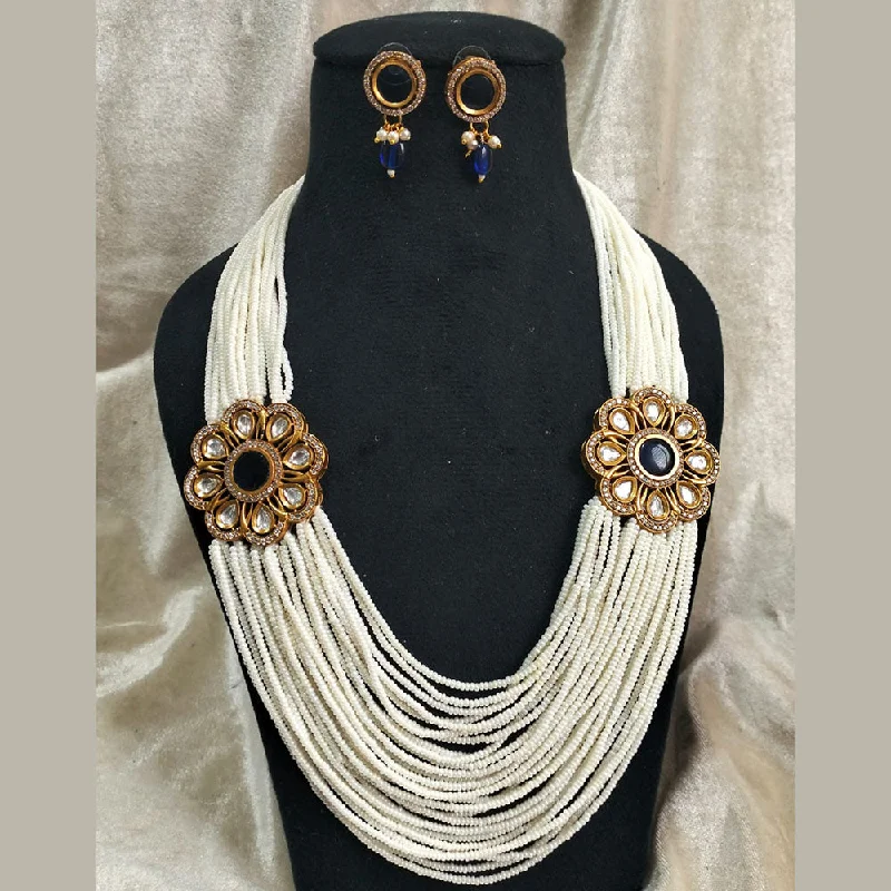 women’s boho necklaces-FS Collection Gold Plated Pearl And Kundan Stone Necklace Set