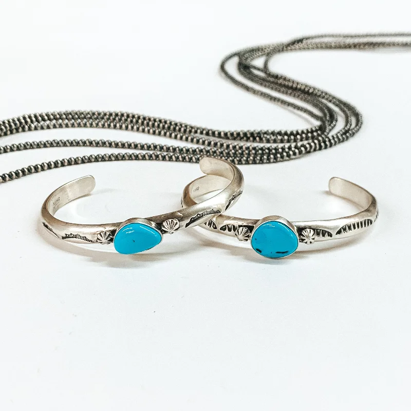 women’s elegant cuff bracelets-Navajo | Navajo Handmade Detailed Sterling Silver Cuff with Center Turquoise Stone