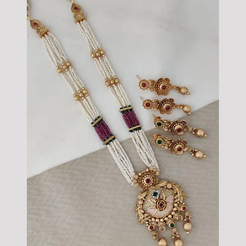 women’s matching necklace sets-Rani Sati Jewels Gold Plated Pota Stone And Pearl Long Necklace Set