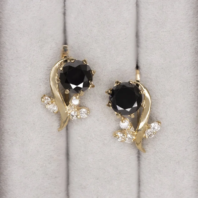 women’s diamond stud earrings-1.70ct BLACK WHITE DIAMOND FLOWER EARRINGS 14k YELLOW GOLD VINTAGE ESTATE ROUND