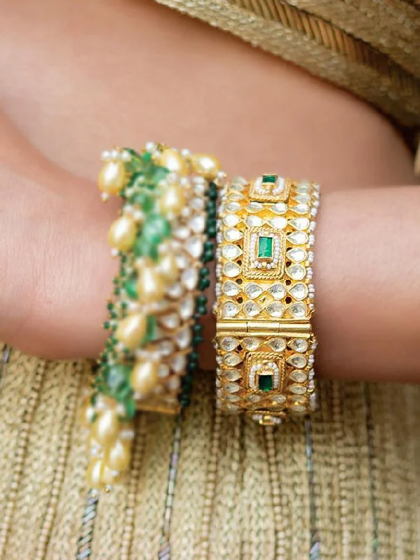 women’s handmade bangles-Green Color Gold Plated Jadau Kundan Bangles - MB46GR