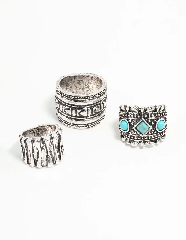 women’s trendy rings-Antique Silver Turquoise Rings 3-Pack