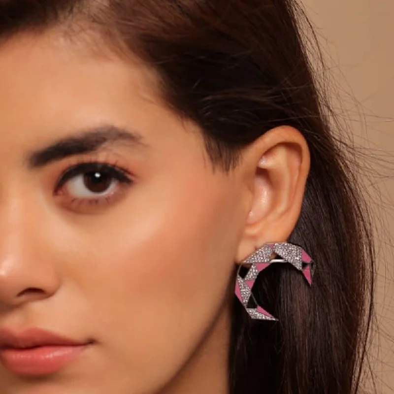 women’s matching earrings-Gaurish Croissant Silver Plated Pink Enamelled With Stones Stud Earrings