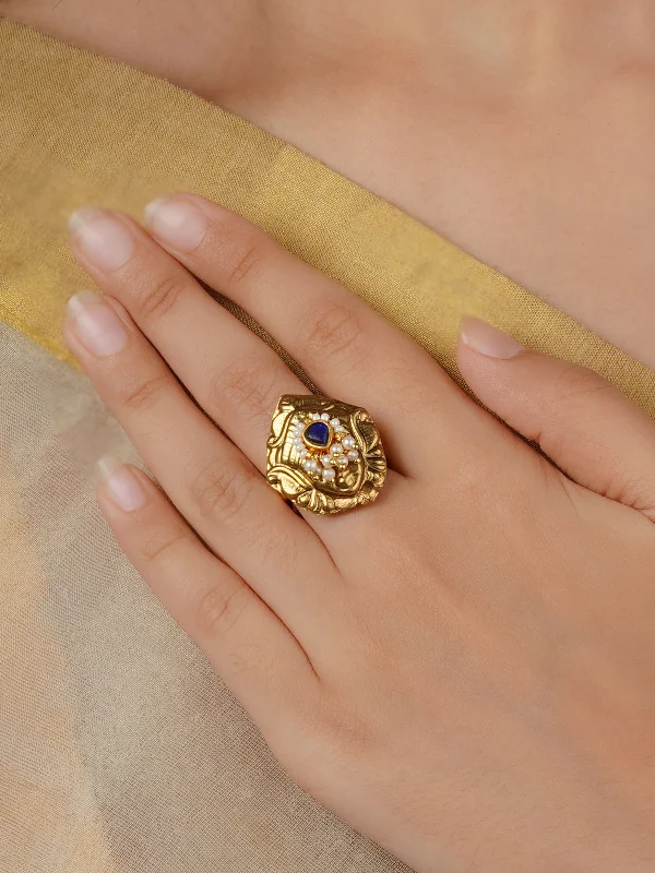 women’s stackable gemstone rings-Blue Color Gold Plated Mishr Ring - MR-RNG60