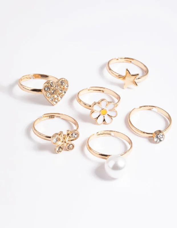 women’s unique gemstone rings-Kids Diamante & Daisy Ring 6-Pack