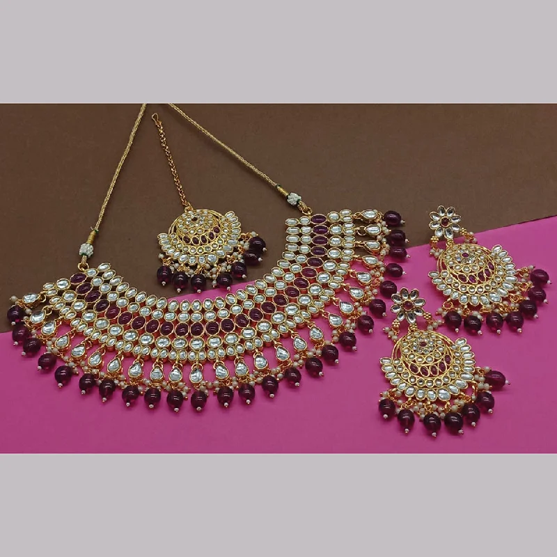 women’s geometric necklaces-India Art Gold Plated Kundan Stone And Pearls Necklace Set