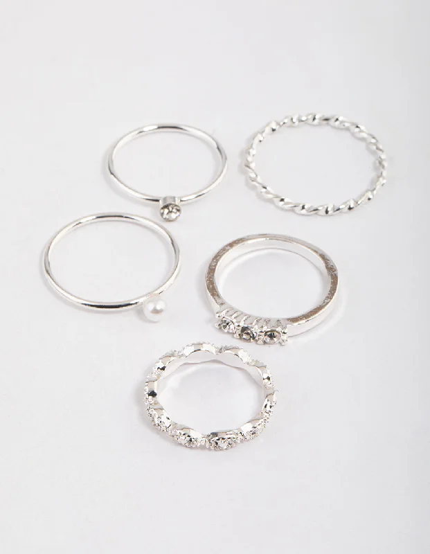 women’s classic rings-Silver Pearl & Stone Marquise Ring Pack