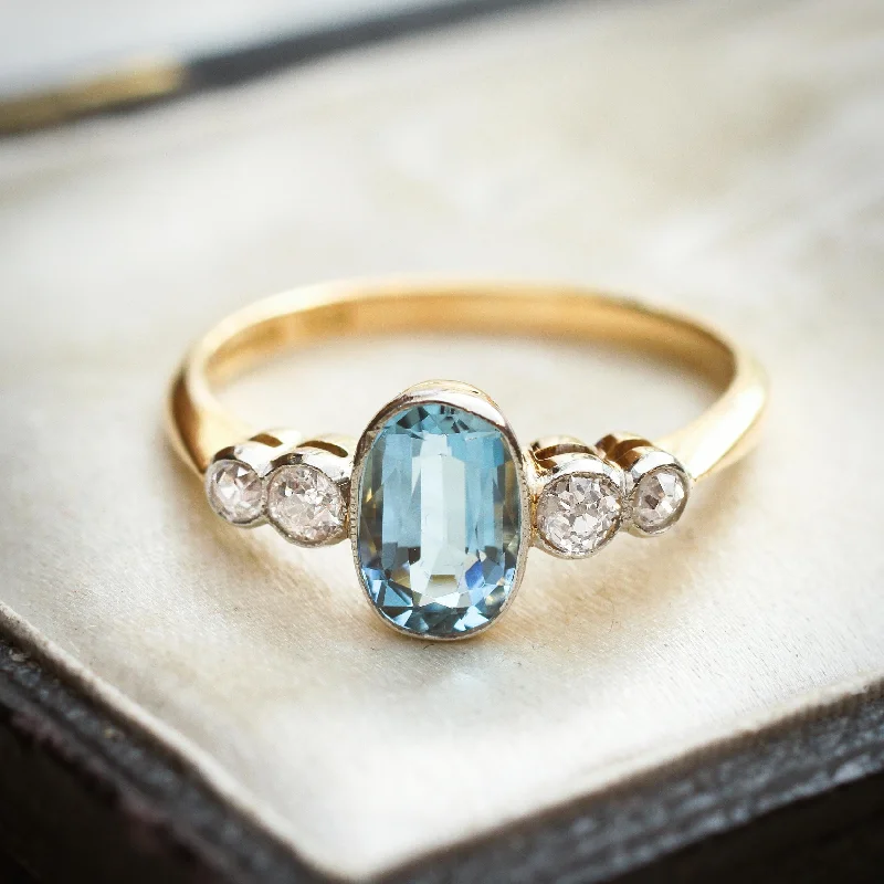 women’s platinum and diamond engagement rings-Rare Pristine Vintage Aquamarine & Diamond Ring