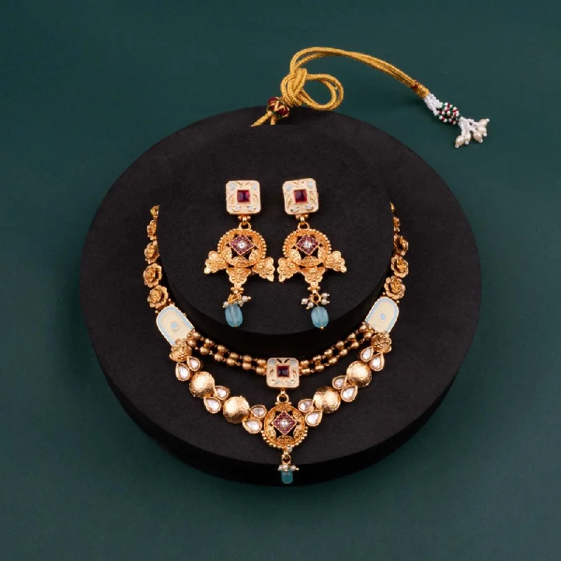 women’s elegant diamond necklaces-ChicCharm Jewellery Brass And Copper Gold Plated Uncut Polki Micro Rajwadi Necklace Set