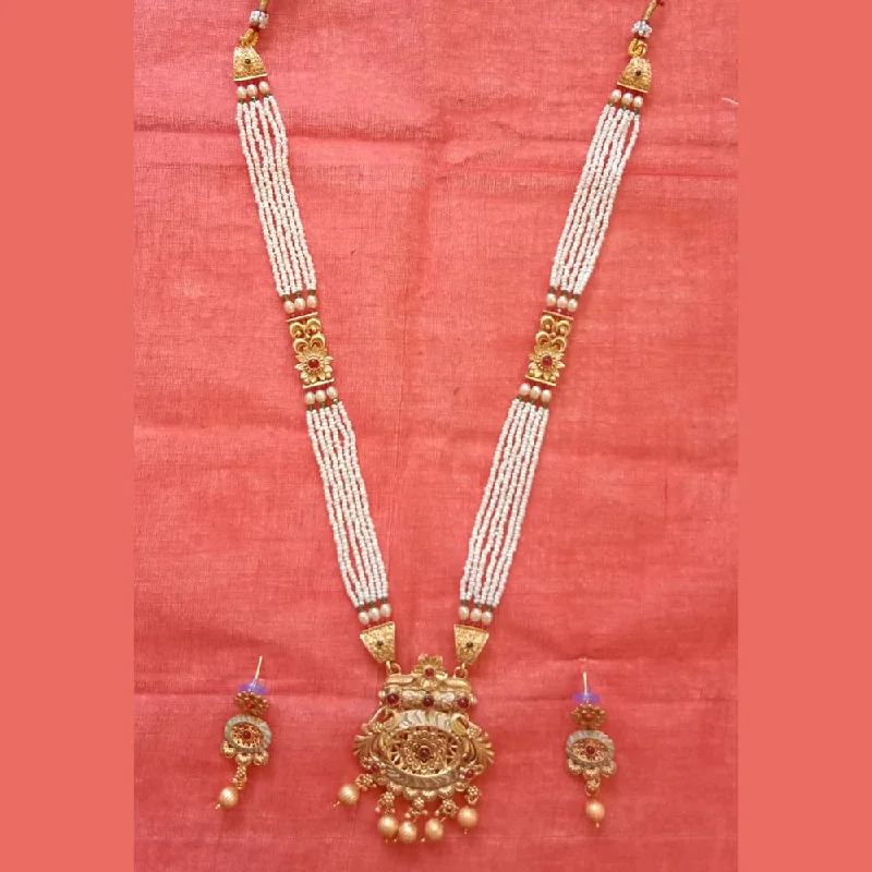 women’s pearl choker necklaces-Neetu Art Gold Plated Pota Stone And Pearl Long Necklace Set