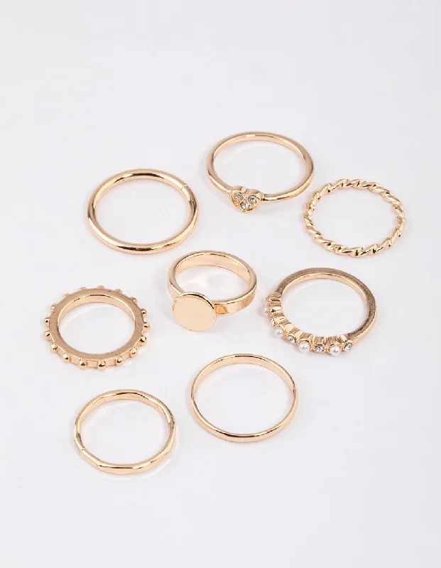 women’s adjustable rings-Gold Disc & Diamante Heart Ring 8-Pack